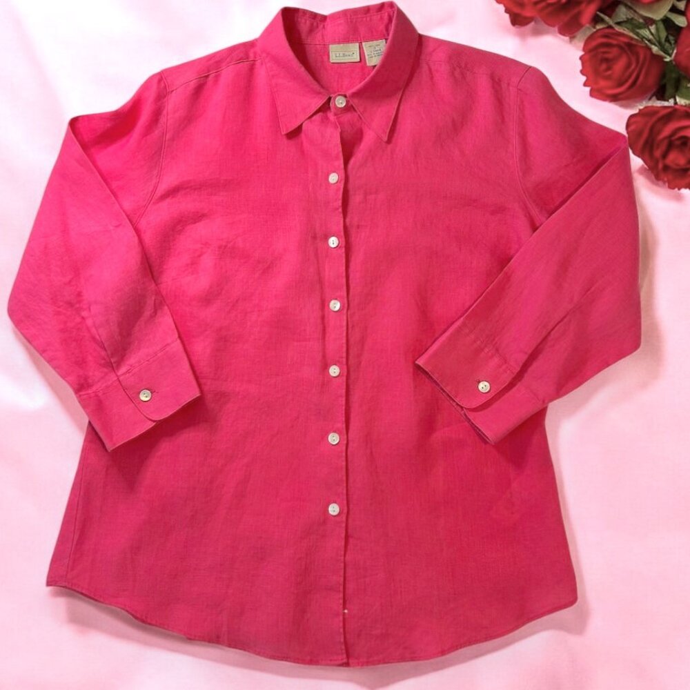 L.L. Bean bright pink linen button down top